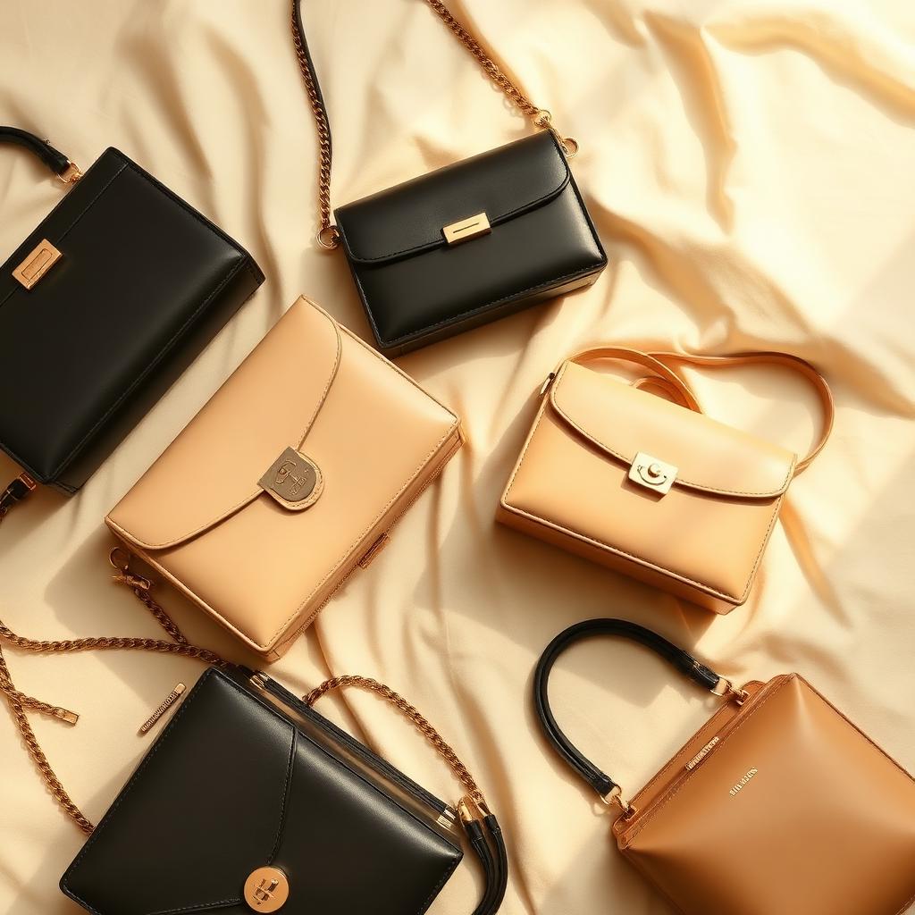 Flat lay of handbags in beige and black