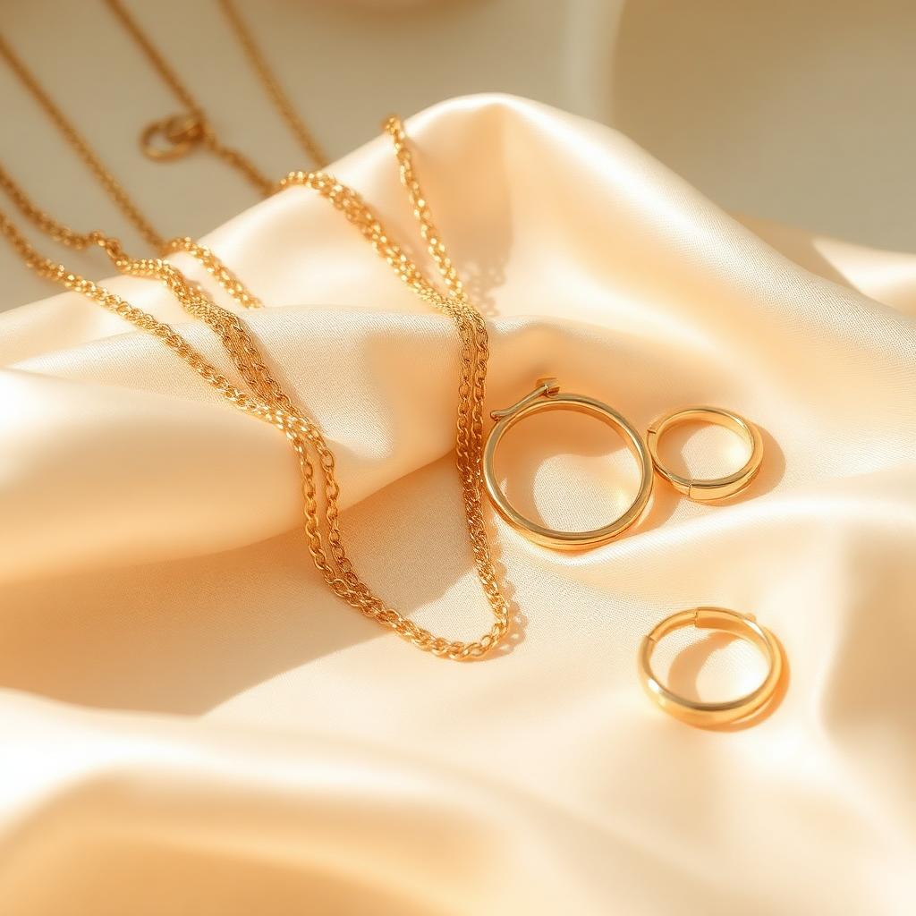 Layered chains and hoop earrings on silk