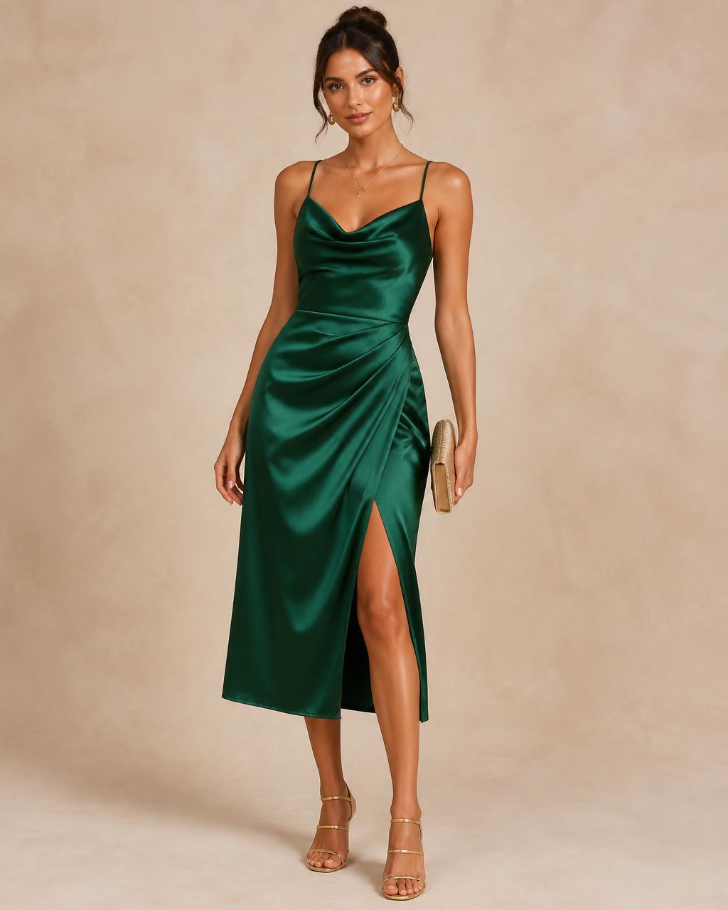 Emerald satin midi dress