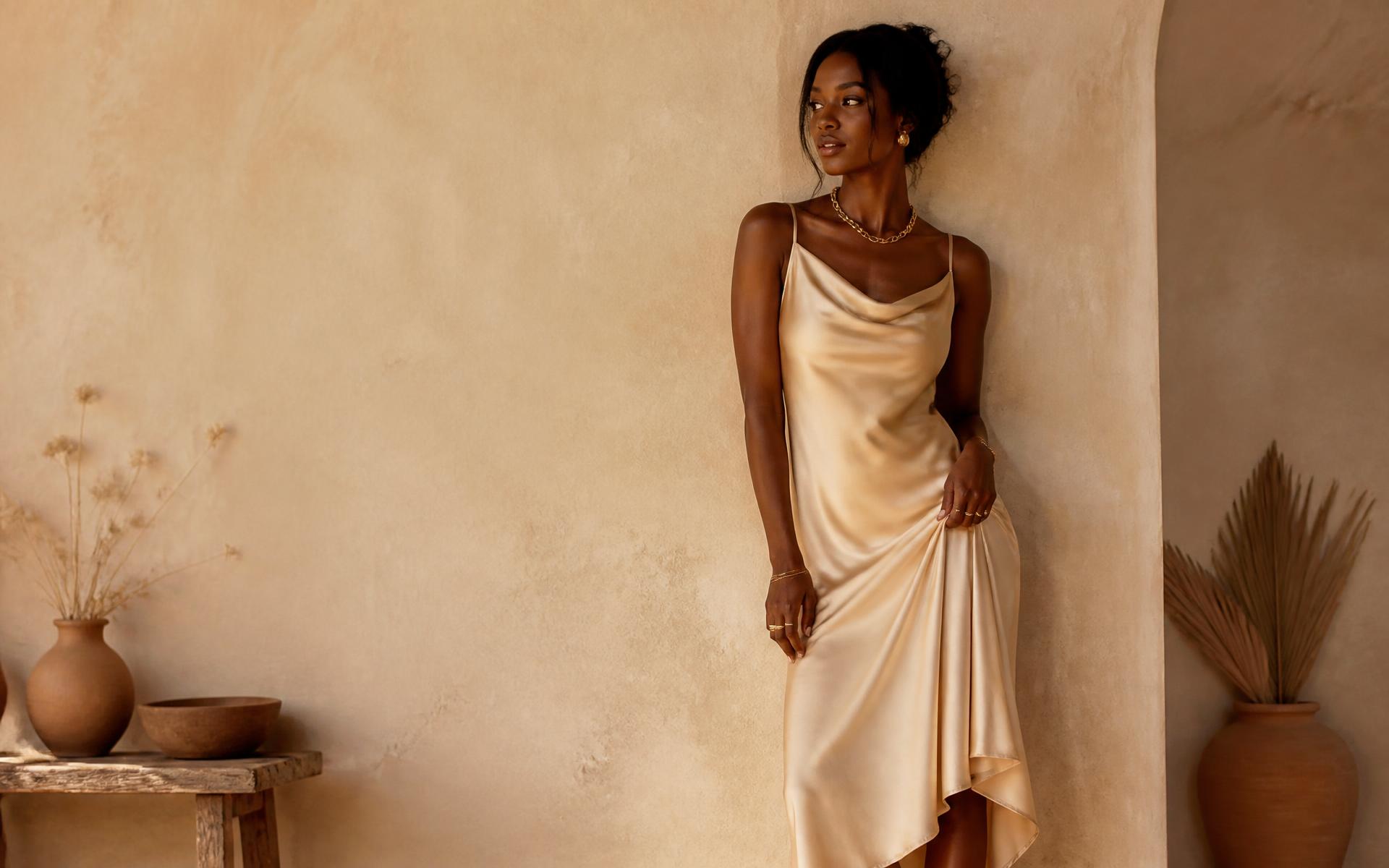 Model wearing a champagne satin midi dress against a warm plaster wall
