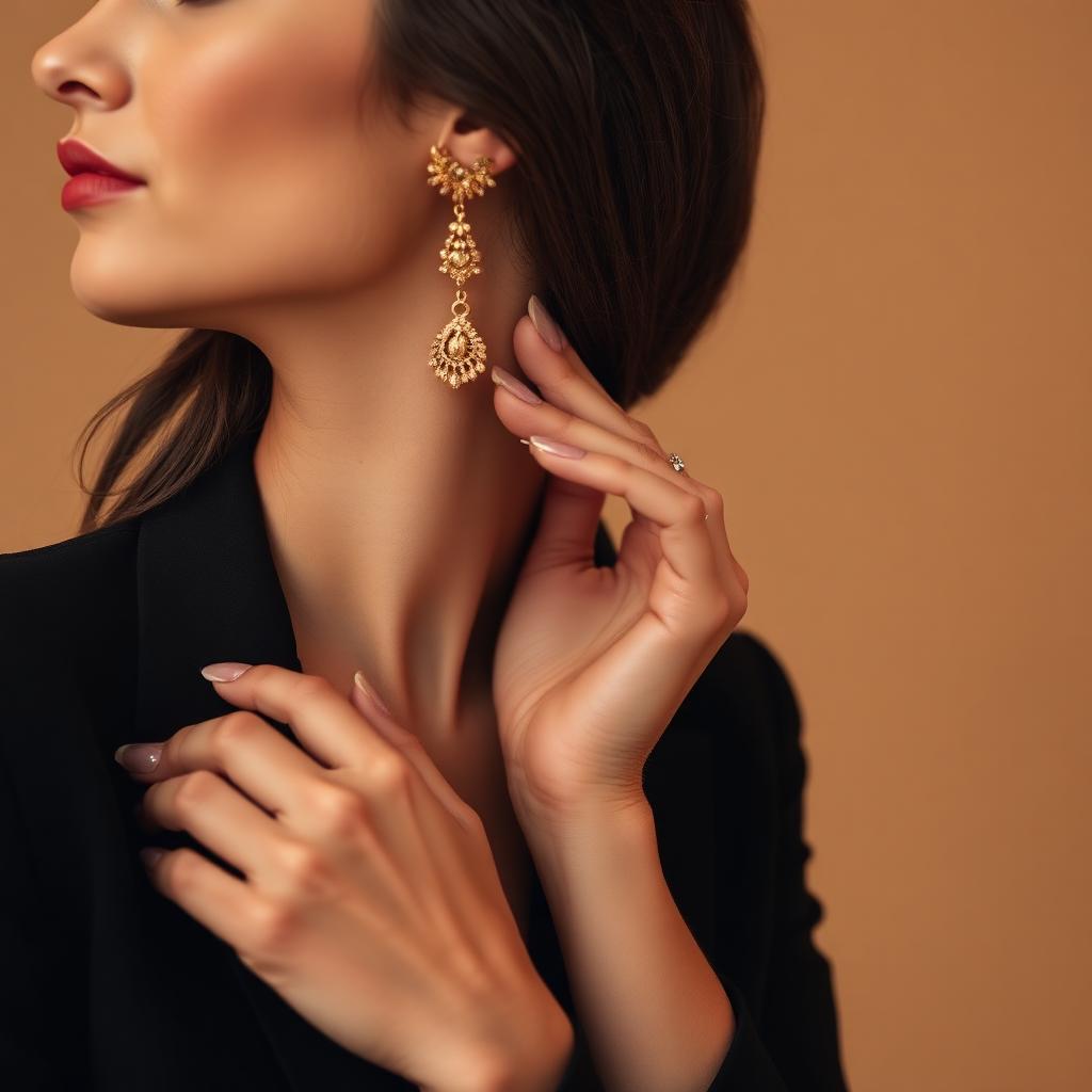 Close-up of statement earrings
